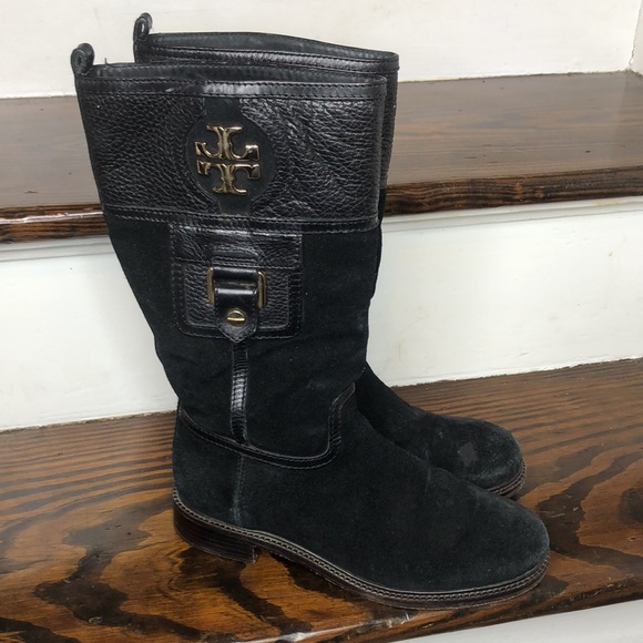 Tory Burch Black Suede Leather Cuff Mid Calf Boots Size 7 - Picture 7 of 16